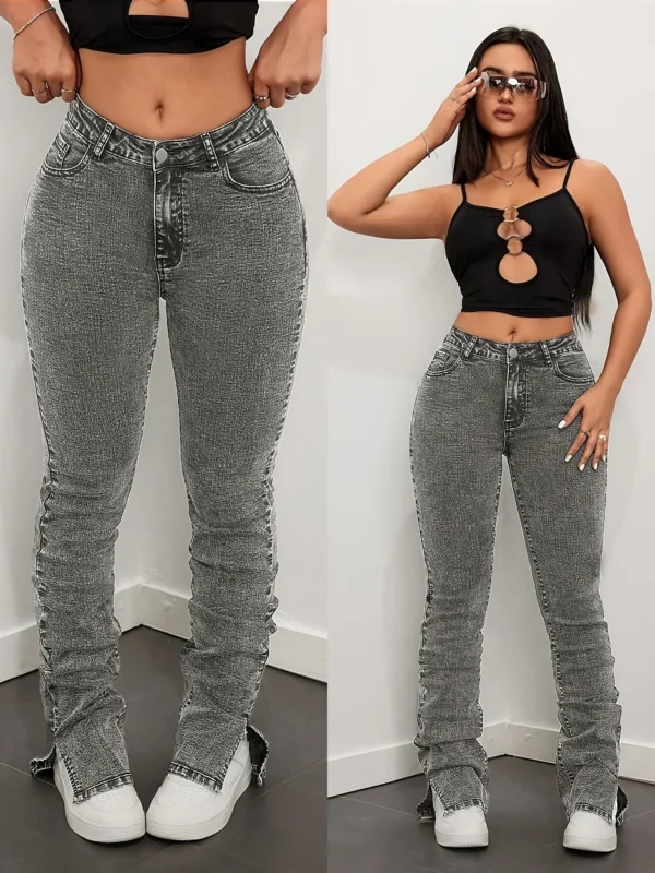 Gray Long Stacked Slit Slim Jeans Women's Adjustable Pleats Stacked Personalized Fashion Casual High Waist Stretch Women's Versa - Image 3