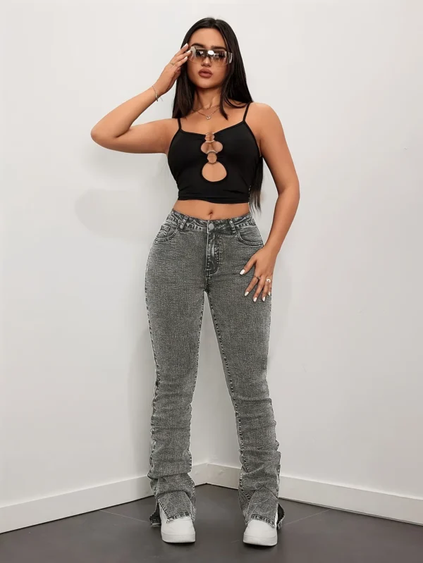 Gray Long Stacked Slit Slim Jeans Women's Adjustable Pleats Stacked Personalized Fashion Casual High Waist Stretch Women's Versa