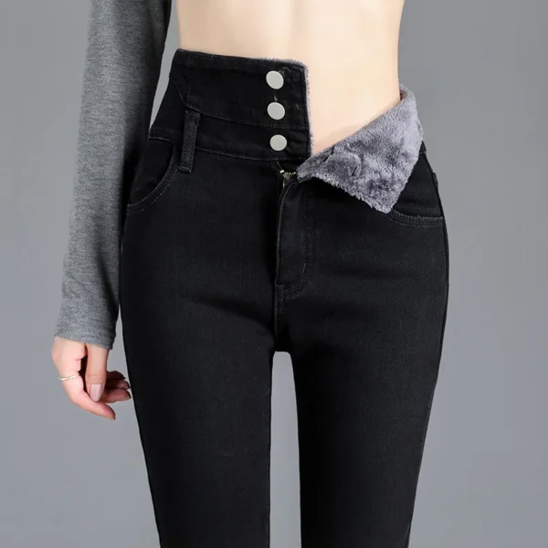 Thermal Winter Thick Fleece High-waist Warm Skinny Jeans Thick Women Stretch Button Pencil Pants Mom Casual Velvet Jeans - Image 3