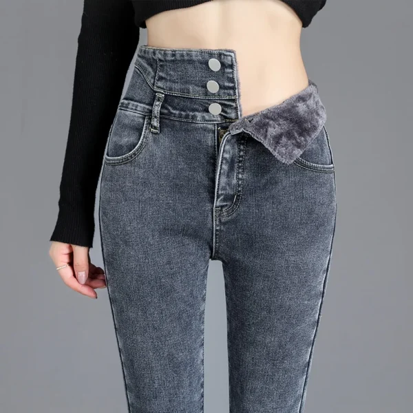 Thermal Winter Thick Fleece High-waist Warm Skinny Jeans Thick Women Stretch Button Pencil Pants Mom Casual Velvet Jeans - Image 4
