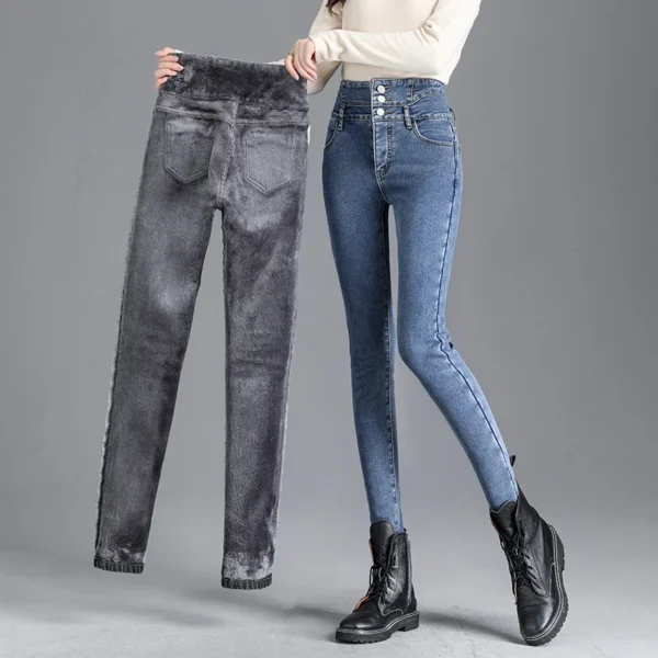 Thermal Winter Thick Fleece High-waist Warm Skinny Jeans Thick Women Stretch Button Pencil Pants Mom Casual Velvet Jeans - Image 2
