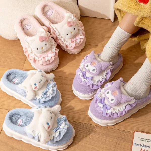 Sanrio Kawaii Cinnamoroll Womens Slippers Kuromi Hello Kitty Plush Cartoon Cute Sweet Suitable Indoor Outdoor Winter Shoes - Image 6