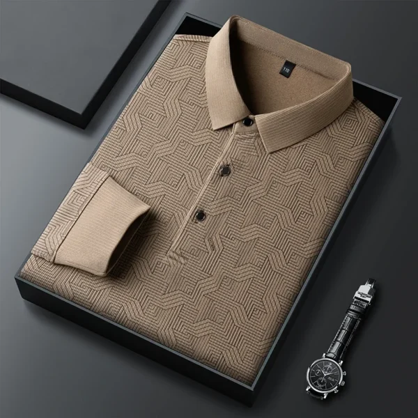 New Men's Business Casual Long Sleeved Shirt with Badge Solid Color Polo Shirt Fashionable Breathable Comfortable Versatile Top - Image 5