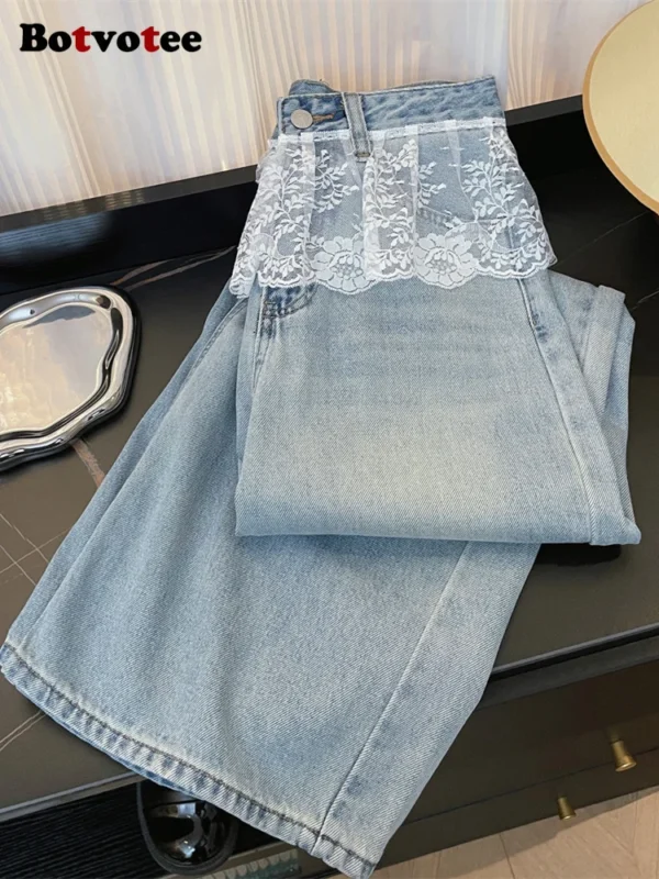 Botvotee Designer Lace Paneled Jeans for Women 2025 Spring Summer New Korean Fashion Wide Leg Denim Pants Y2k Jeans - Image 3