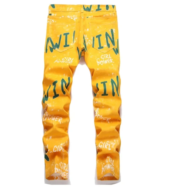 High Street Yellow Men's Denim Jeans Letter Printed Straight High Quality Trousers Daily Party Trend Party Pants Plus Size - Image 2