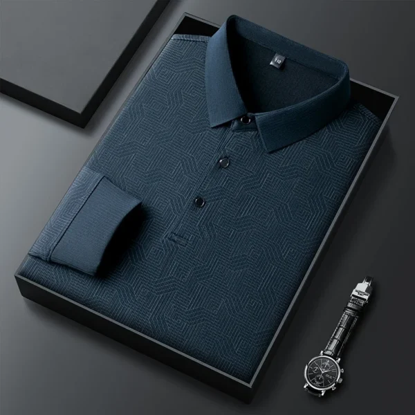 New Men's Business Casual Long Sleeved Shirt with Badge Solid Color Polo Shirt Fashionable Breathable Comfortable Versatile Top - Image 3