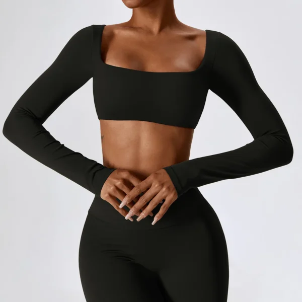 Women Crop Tops Yoga T-shirts Solid Sports Top Long Sleeve Running Shirts Sexy Exposed Navel Quick Dry Fitness Gym Sport Wear - Image 5