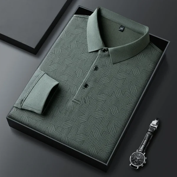 New Men's Business Casual Long Sleeved Shirt with Badge Solid Color Polo Shirt Fashionable Breathable Comfortable Versatile Top - Image 4