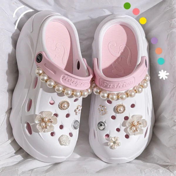 Pearl Chain Chunky Platform Sandals for Women 2024 Summer Thick Sole Beach Sandals Woman Flowers Non Slip EVA Clogs Garden Shoes - Image 4