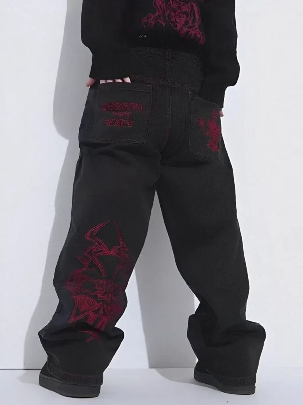 Men's 2024 New Cotton Fashion Fully Embroidered Skull Loose Straight Casual Jeans Pants High Street Hip-Hop Y2K Vintage Pants - Image 3