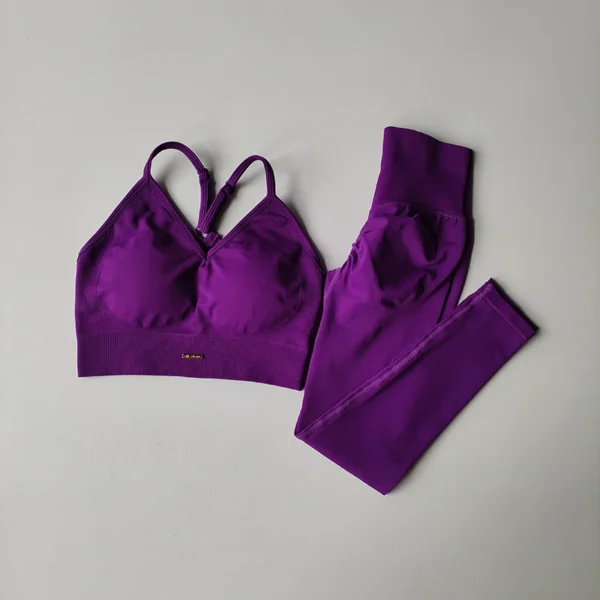Seamless Hip Lifting Fitness Set Women's V-neck Bra Leggings Yoga Set Quick Drying Exercise Iron Massage High Fat Tight Pants - Image 2