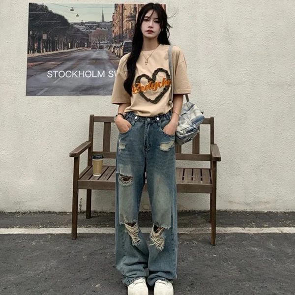 American Retro Hole-punched Jeans Women High Waist Straight-crotch Loose Slim Design High-street Vibe Wide-legged Dragging Pants - Image 6