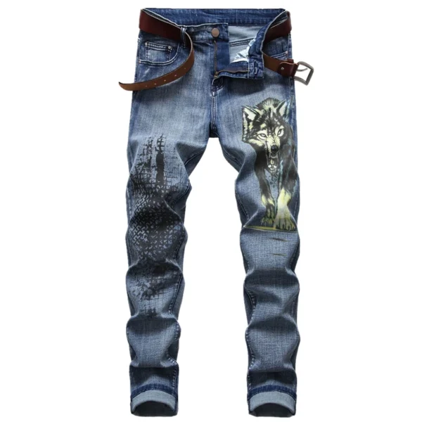 Blue Men 3D Printing Jeans Denim Black Wolf Pattern Printed Punk Straight Cotton Casual Print Denim Pants Asian Size 28-42 - Image 4