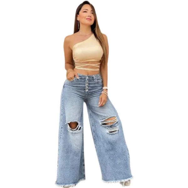 Women's XS-XL size 2024 Summer New High Waist Retro Loose Hole Wide Leg Pants Light Color Washed New Jeans Women's Pants jeans - Image 2