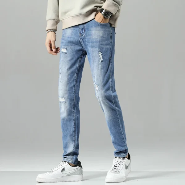 Men Stretch Slim Ripped Jeans Hip Hop Streetwear Korean Vintage Distressed Little Feet Pants Personality Male Trousers - Image 5