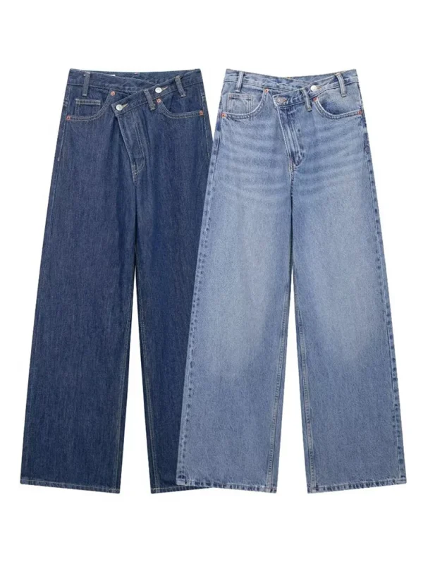 TFMLN Autumn Women Denim Jeans Causal Ladies Zipper Wide Leg Long Pants Vintage Pockets Loose Streetwear Baggy Chic Trousers