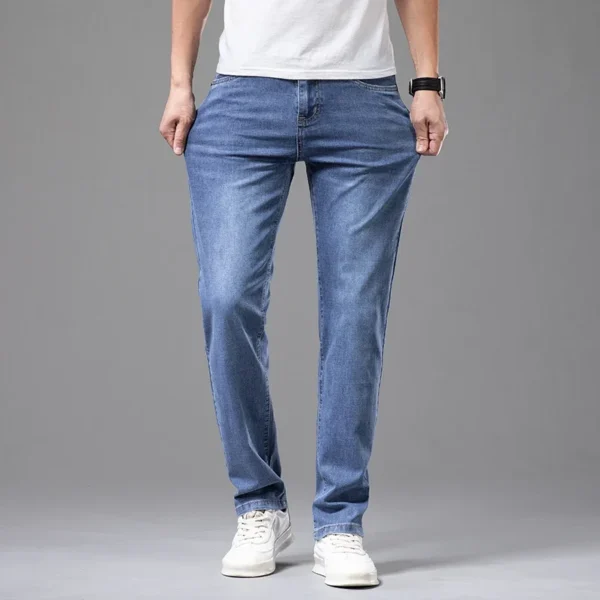 Summer Thin Men's Elastic Cotton Jeans Fashion Gray Comfortable Business Straight Casual Pants Brand Male Clothes Trousers - Image 4