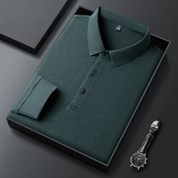 New Men's Business Casual Long Sleeved Shirt with Badge Solid Color Polo Shirt Fashionable Breathable Comfortable Versatile Top - Image 2