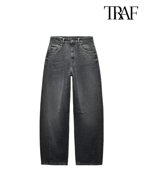 TRAF women's mid-rise silhouette loose jeans washed vintage style casual straight wide leg jeans fashionable versatile trousers - Image 4