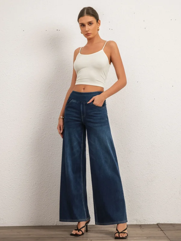 Shascullfites Comfortable Loose Wide Leg Jeans Dark Blue Denim Pants Women's Jeans Elastic Waist Full Long Trousers Pants