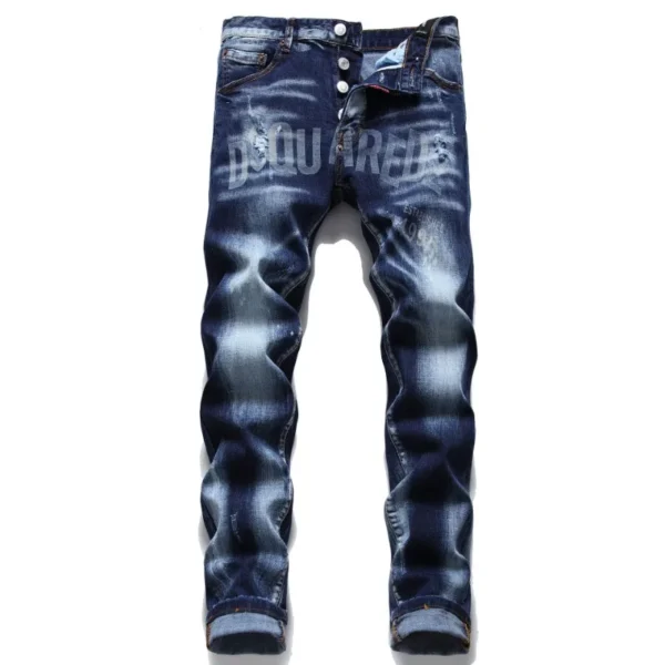 Watermark Button Laser Stereo Cat Beard Blue Cotton Elastic Slim Straight Jeans Men's Wear Basic Trend Can Be Worn in All Season
