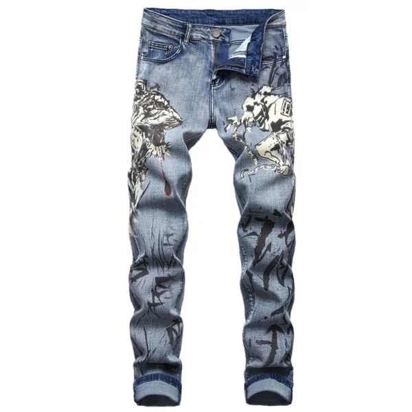 Blue Men 3D Printing Jeans Denim Black Wolf Pattern Printed Punk Straight Cotton Casual Print Denim Pants Asian Size 28-42 - Image 6