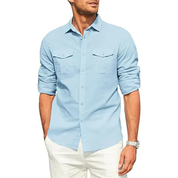 Men's Shirt Double Pocket Cotton Linen Long Sleeve Shirt Casual Holiday Shirt Simple Lapel Solid Cargo Shirts Tops Blouses - Image 3