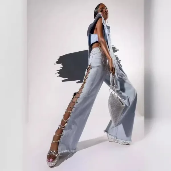 High Waist Ripped Jeans for Women Summer Thin Side Slit Pants Women Denim Long Jeans with Drill Chains Straight Wide-leg Jeans - Image 2