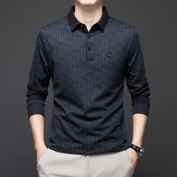 New Men's Business Casual Long Sleeved Shirt with Badge Solid Color Polo Shirt Fashionable Breathable Comfortable Versatile Top - Image 4