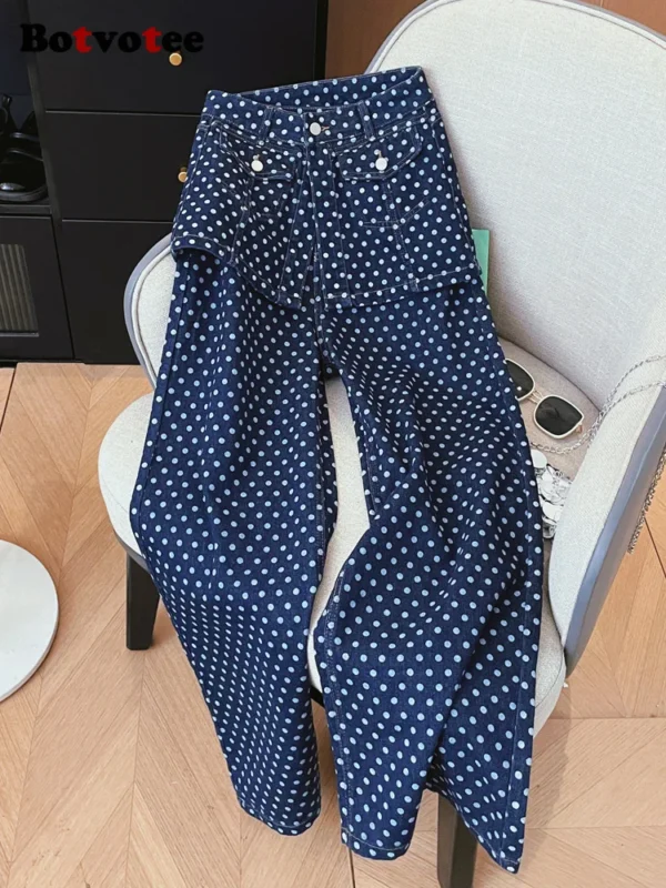 Botvotee Designer Pokal Dot Jeans for Women 2 Pieces Set Korean Fashion Streetwear Y2k 90s Wide Leg High Waisted Jeans