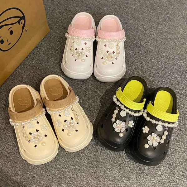 Pearl Chain Chunky Platform Sandals for Women 2024 Summer Thick Sole Beach Sandals Woman Flowers Non Slip EVA Clogs Garden Shoes - Image 2