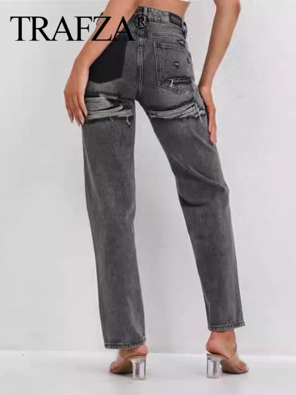 TRAFZA 2024 Fashion Women High Waist Blue Denim Trouser Patchwork Pants Distressed Ripped Jeans Long Pants High Street Y2k Style - Image 5