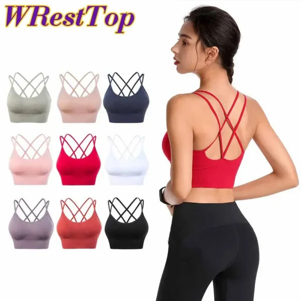 Women Strappy Sports Bras Seamless Criss Cross Back Sexy Padded Fitness Yoga Vest Gym Running Crop Top Breathable Beauty Bras - Image 2