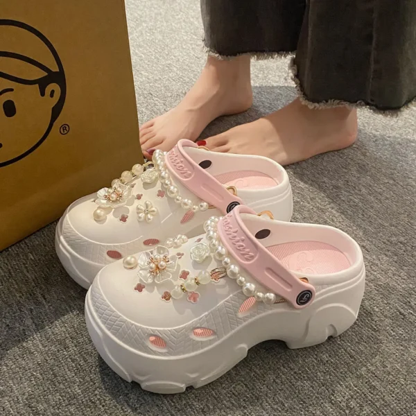 Pearl Chain Chunky Platform Sandals for Women 2024 Summer Thick Sole Beach Sandals Woman Flowers Non Slip EVA Clogs Garden Shoes - Image 3