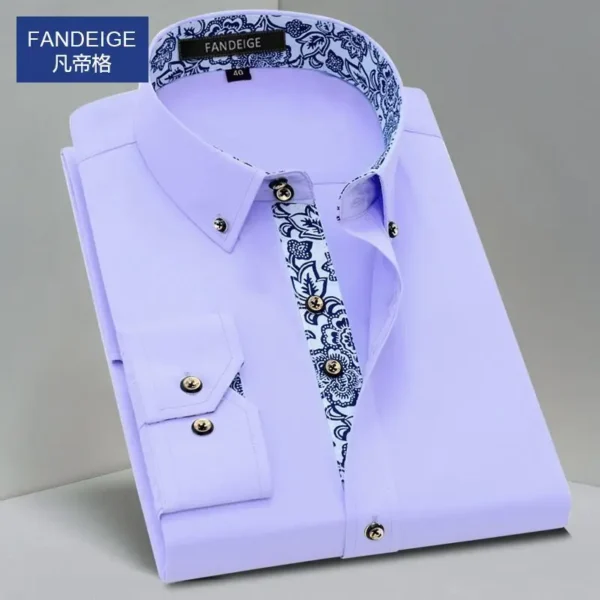 Blue and White Men's Dress Collar Shirt Long Sleeve Solid Color Printing Casual Business Slim Fit Cotton Shirts Anti-Wrinkle - Image 3