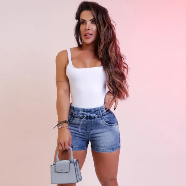 Women Jeans Denim Shorts Mid Waist Sexy Slim Fit Drawstring Pleated Summer 2024 Washing Pockets Slight Strech Solid Regular - Image 3
