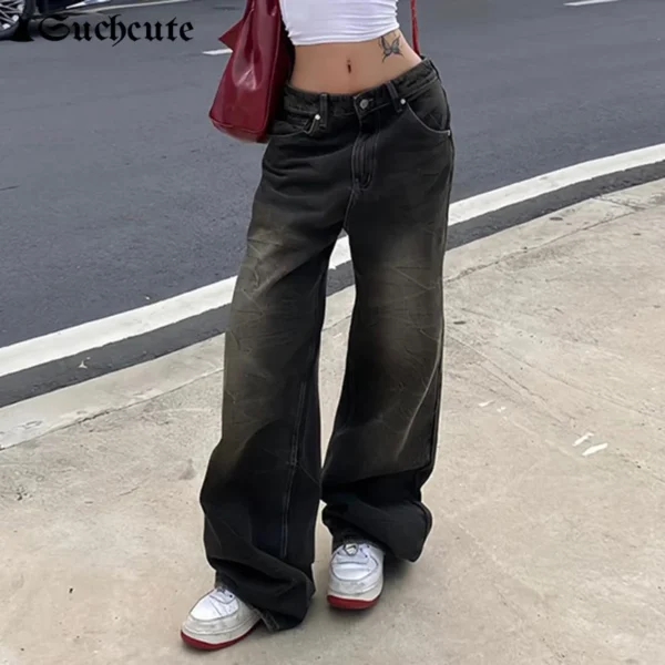 SUCHCUTE Low Waist Jeans for Women Goth Y2k Style Baggy Jeans Punk New Jeans Wide Leg Denim Pants Kpop Casual Loose Streetwear - Image 3