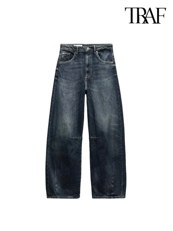 TRAF women's mid-rise silhouette loose jeans washed vintage style casual straight wide leg jeans fashionable versatile trousers - Image 2