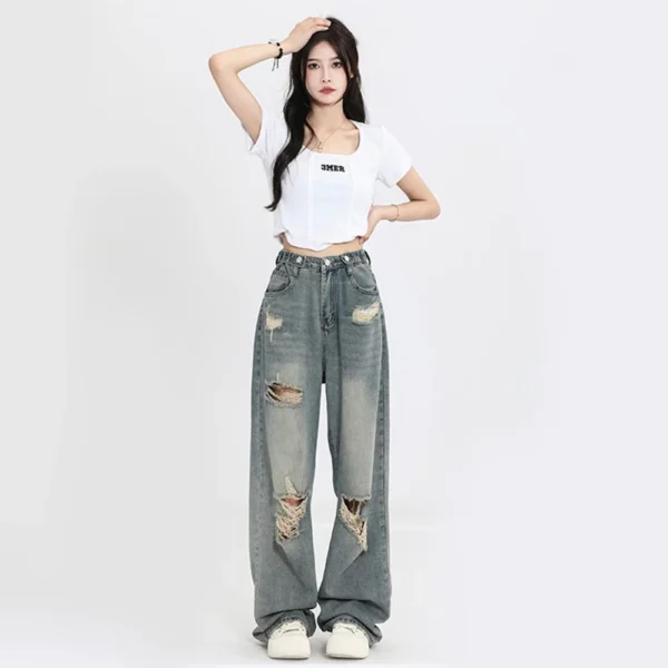 American Retro Hole-punched Jeans Women High Waist Straight-crotch Loose Slim Design High-street Vibe Wide-legged Dragging Pants - Image 4