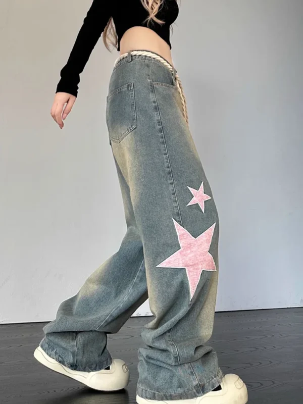 Women Fashion Wide Leg Baggy Jeans Streetwear Vintage Baggy Denim Pants Lady Korean Retro Patchwork Red Heart Oversized Trousers - Image 2