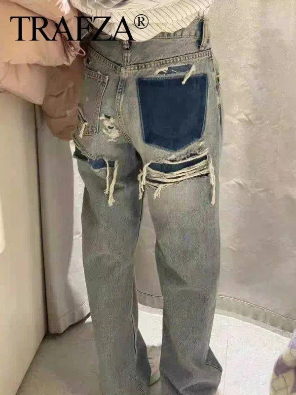 TRAFZA 2024 Fashion Women High Waist Blue Denim Trouser Patchwork Pants Distressed Ripped Jeans Long Pants High Street Y2k Style - Image 7