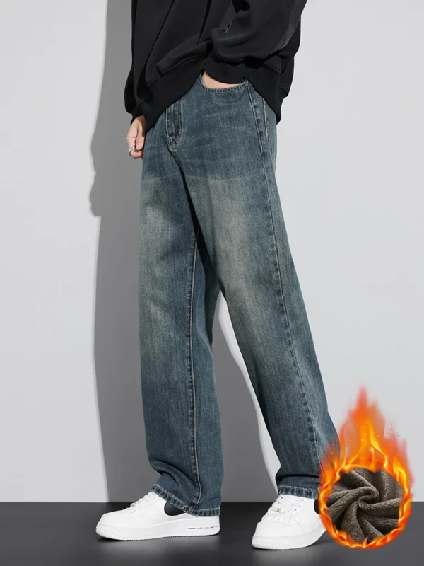 Fleece Baggy Straight Jeans Men Winter New Classic Vintage Blue Wide Leg Denim Pants Fashion Korean Thickened Warm Male Trousers - Image 2