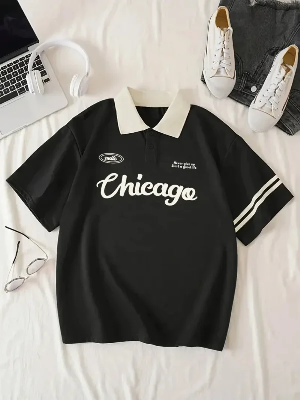 New Men's Chicago Print Loose Polo Shirt Fashion Short Sleeve Lapel Sports T-shirt Men Women Activewear Oversized Unisex Tops