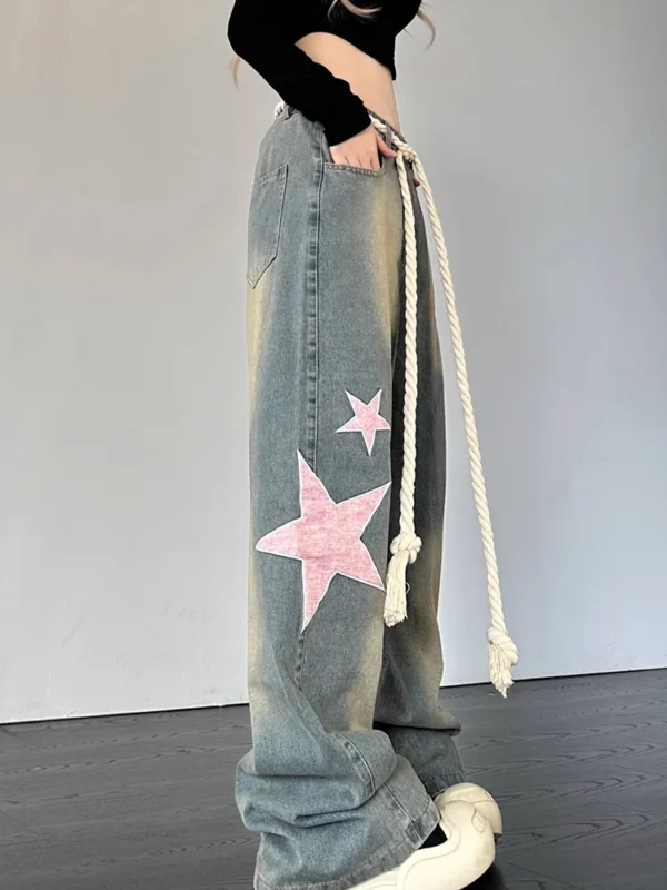 Women Fashion Wide Leg Baggy Jeans Streetwear Vintage Baggy Denim Pants Lady Korean Retro Patchwork Red Heart Oversized Trousers - Image 3