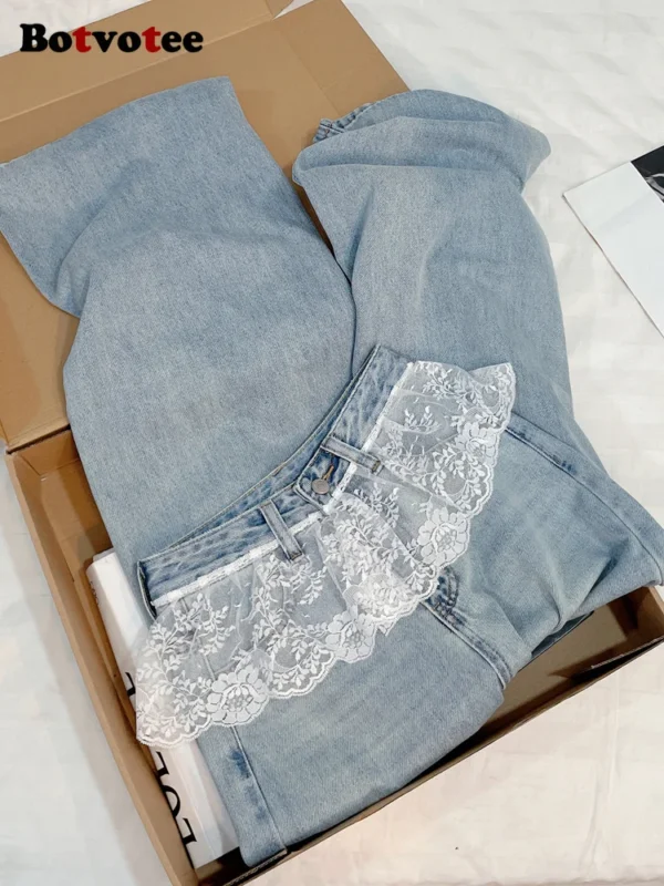 Botvotee Designer Lace Paneled Jeans for Women 2025 Spring Summer New Korean Fashion Wide Leg Denim Pants Y2k Jeans - Image 6