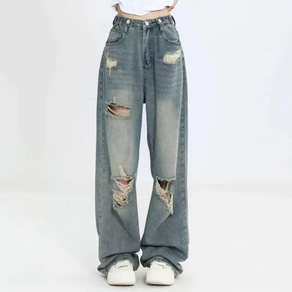American Retro Hole-punched Jeans Women High Waist Straight-crotch Loose Slim Design High-street Vibe Wide-legged Dragging Pants - Image 3