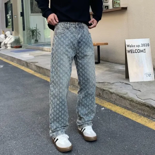 Blue jeans Personalized Men's jacquard pattern Vintage embossed Streetwear loose jeans men's pants loose straight bottoms men's