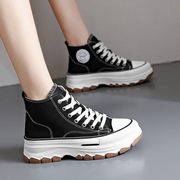 Women High Top Sneakers Lace-Up Casual Plarform Height Canvas Non-slip Wear Resistant 2024 Spring Female Vulcanize Shoes - Image 3