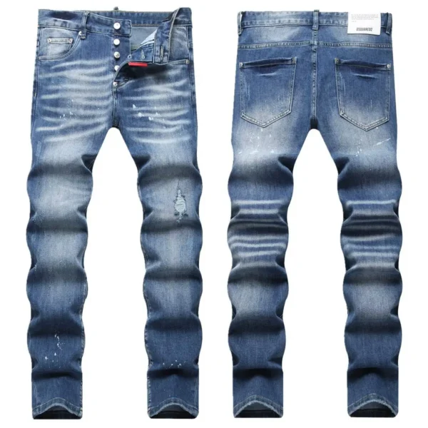 2025 New DSQ Brand Blue Simple Scratched Street Trendy Fashion Men's Slim Fit Elastic Pants