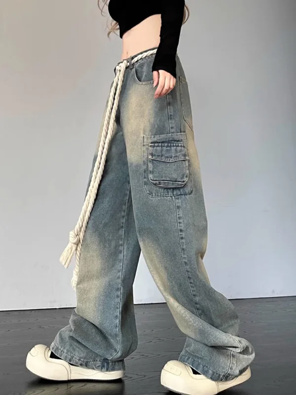 Women Fashion Wide Leg Baggy Jeans Streetwear Vintage Baggy Denim Pants Lady Korean Retro Patchwork Red Heart Oversized Trousers - Image 5